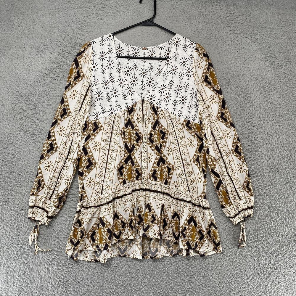 Free People Peasant Top Womens Small White Geometric Boho Ruffle Hem
